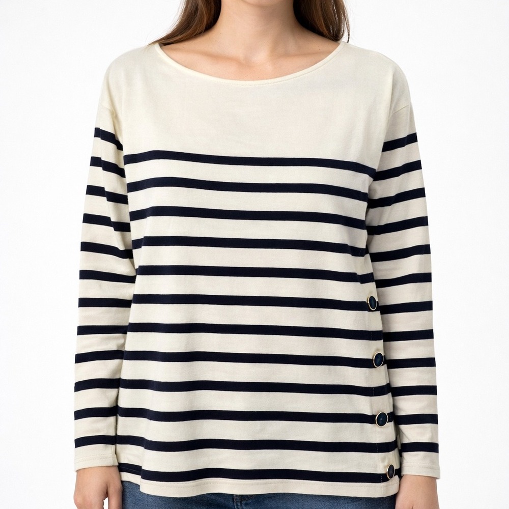 Sezane Noan Marinière Striped Long Sleeve Top Navy White Organic Cotton S